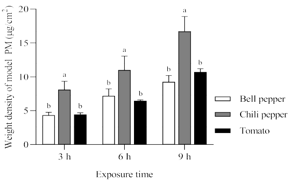 The weight density of model particulate matter on bell pepper, chili pepper and tomato exposed in the deposition chamber. Data are mean ± SD (n = 3). Different letters in the same group indicates significantly difference (p < 0.05)