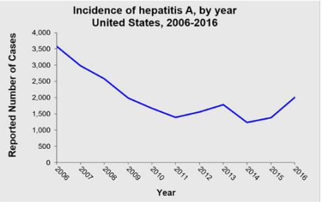 미국 급성 A형 간염 발생 건수 (2006-2016)