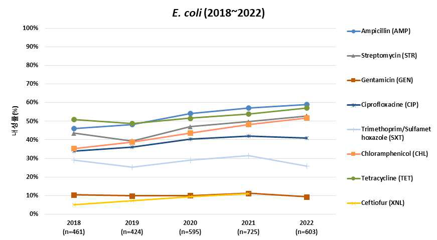 주요 항생제에 대한 E. coli의 내성률 변화