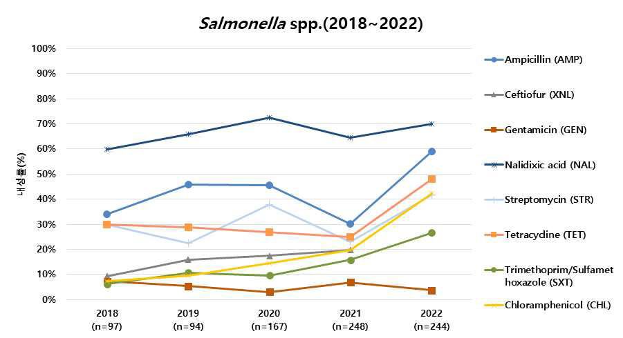 주요 항생제에 대한 Salmonella spp.의 내성률 변화