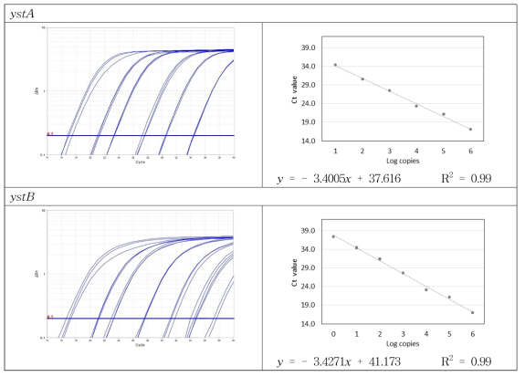 Set 10 합성 유전자의 증폭곡선 및 검출 한계 회귀 분석 결과