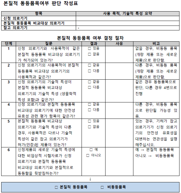 본질적 동등품목 판단 작업표