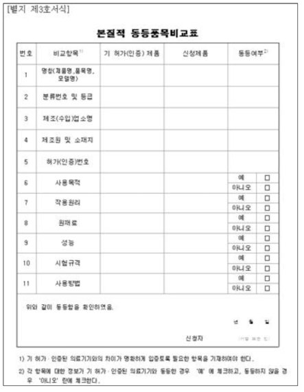 본질적 동등품목비교표 출처: 의료기기 허가·신고·심사 등에 관한 규정 별지 제3호서식