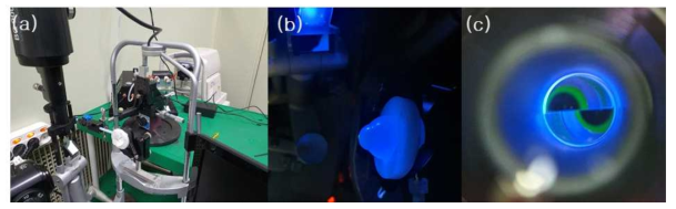 (a) 골드만 안압계의 인공 안구 팬텀 장착된 모습, (b) 측정 시 인공 안구 팬텀의 모습 확대 및 (c) 골드만 프리즘을 접촉하여 압력을 가했을 때 생성되는 형광 골드만 semi-circles의 형태 예시