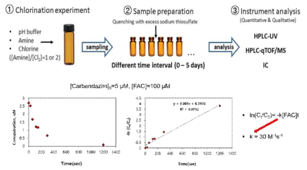 실험실 규모 염소 반응 실험 과정과 예시(Carbendazim-염소 이차반응속도 상수 측정)