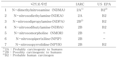 주요 니트로사민의 발암등급
