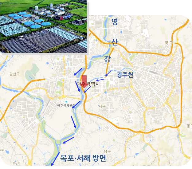 광주제1하수처리장의 조감도(위)와 광주제1하수처리장의 위치 및 방류 지점 (붉은 화살표)