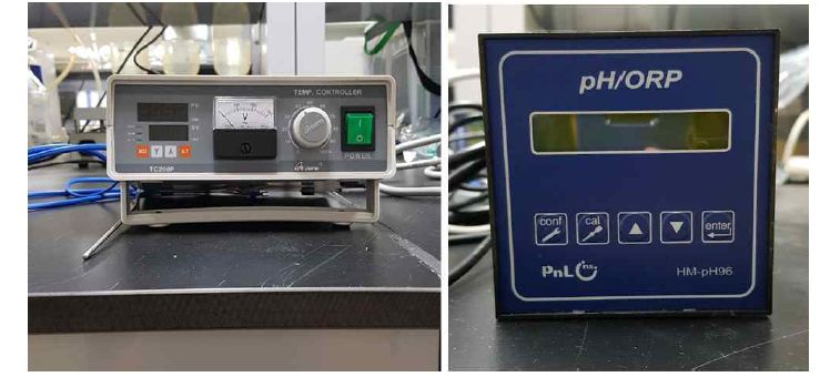 실험실 규모의 연속식 반응기에 이용되는 온도 컨트롤러 및 pH/ORP 센서