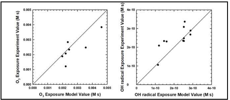 분석방법론 모델링과 실제 실험값의 ∫[O3]dt와 ∫[·OH]dt 비교