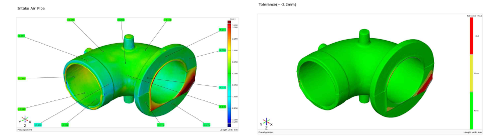 최종 제작된 인테이크 파이프 주조 시제품 치수 분석 (Tol. +-3.2mm)