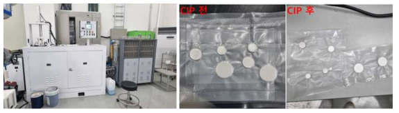 고밀도의 멤브레인 소재 제작을 위해 활용한 CIP 장비 (좌), CIP 공정을 거친 멤브레인 소재의 전/후 시편 사진 (우)