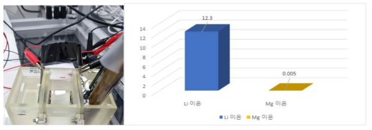 실제 실험 모듈(좌)과 실험 후 H3PO4 용액 내 리튬이온, 마그네슘 이온 함량(우)