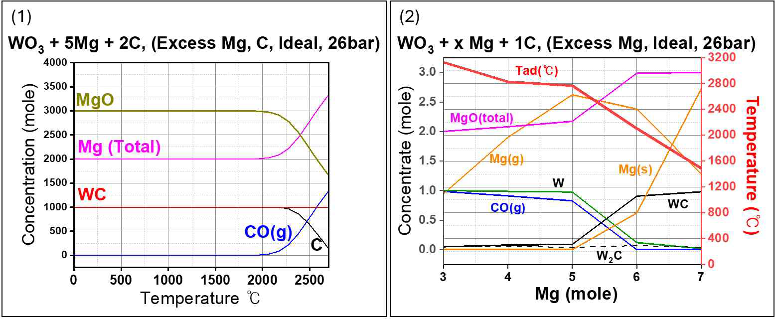 열역학 계산 결과 (1) 과량 Mg, C 조건에서의 온도에 따른 평형상 분석, (2)Mg 변수 조건:WO3+xMg+C 에서의 최대단열온도 및 평형상 분석