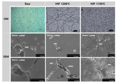 HIP 조건별 미세조직 분석