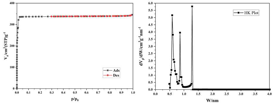 MOF의 N2 Isotherm curve & pore size distribution (HK Plot)