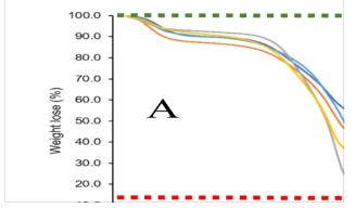 5종의 미이용 바이오매스(A)로 제조한 그린카본의 열중량 감소 경향. [A; 바이오매스, B: 300℃; C: 500; D: 700℃]