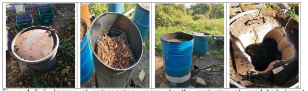 Images of carbonization process for the production of wood bark-based activated carbon using a iron drum
