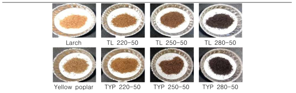 건식 반탄화에 의한 바이오매스 색상변화 (L: larch, YP: yellow poplar, T: torrefication)