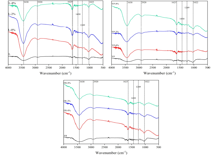 바이오매스의 FTIR 스펙트럼(L: larch, YP: yellow poplar, FR: forest residue)