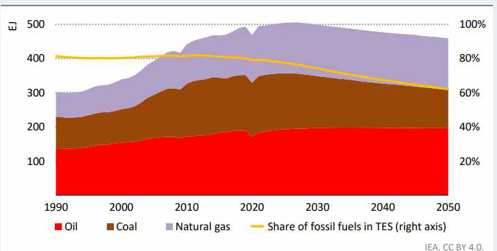 선언정책 시나리오상 화석연료 수요 전망(1990-2050년) ※ 출처 : World Energy Outlook 2022, IEA, 2022.10