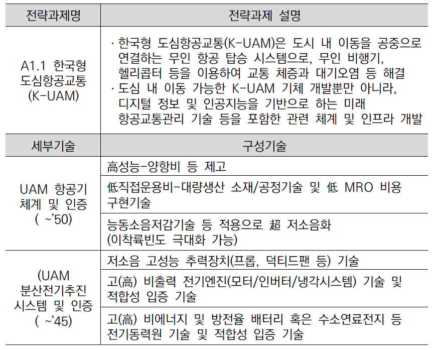 전략과제 설명자료 예(A1.1 한국형 도심항공교통)