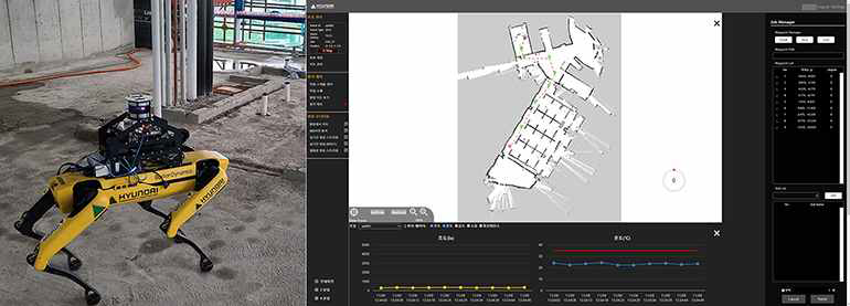 로봇 기반 레이저 스캐너를 활용한 3D 형상 데이터 취득 및 분석 ※ 출처 : 현대건설, 건설현장에 무인 안전 서비스 로봇 도입 - 건설현장 품질·안전 무인화에 앞장선다, 현대건설 뉴스룸, 2022.11.15