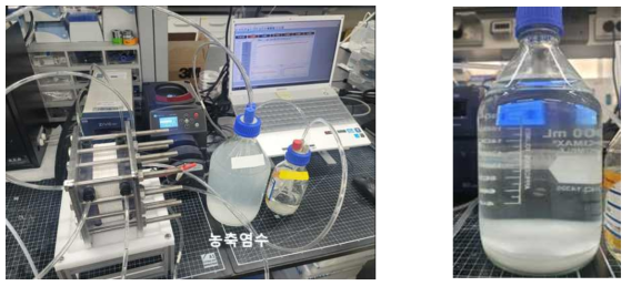 (왼쪽) 폐염수 전처리 셋업 (오른쪽) 처리후 폐염수