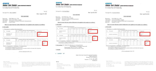 KAKEN TEST CENTER 3차년도 개발 보호복 원단 혈액 및 바이러스 차단 성능 시험결과