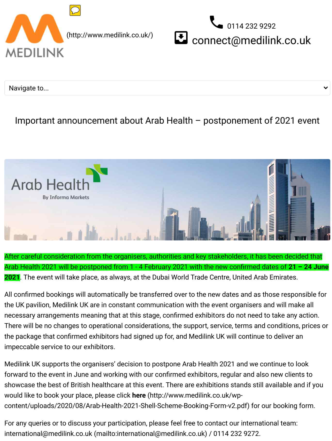 코로나바이러스감염증-19 사태로 인한 Arab Health 전시회 연기