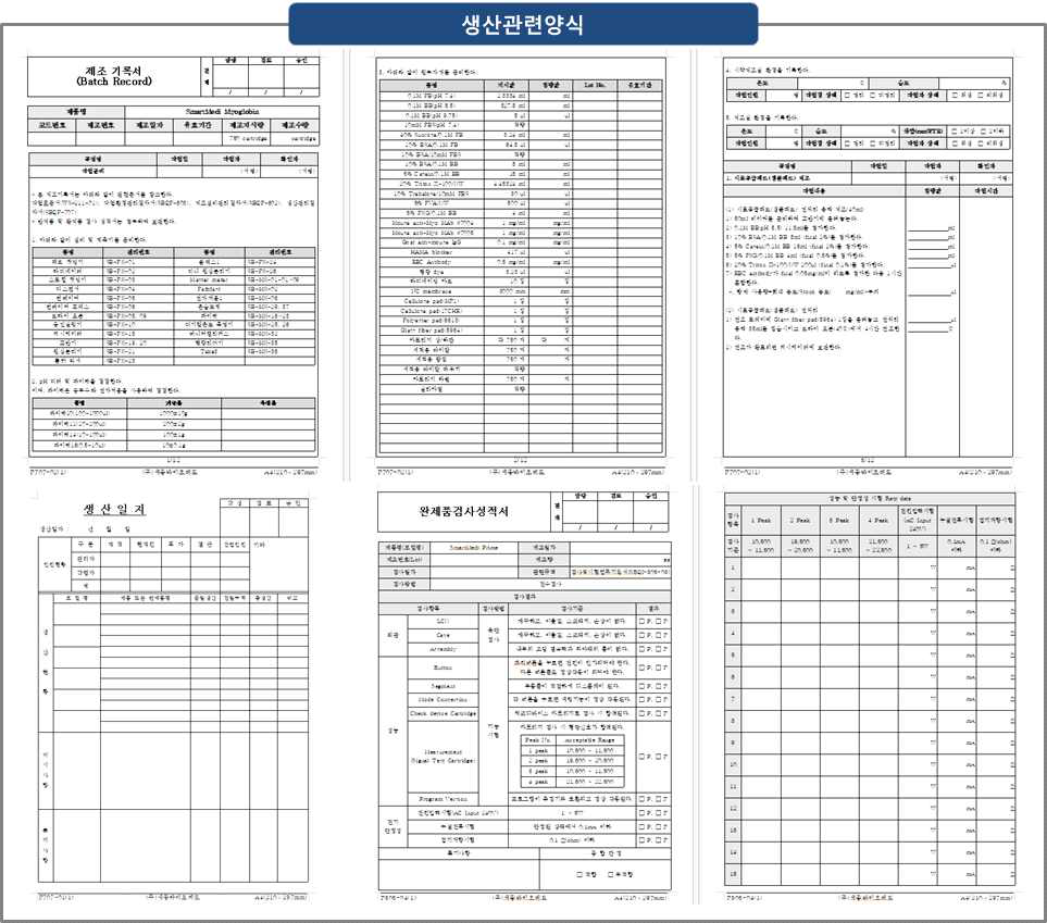 생산관련 양식: 제조기록서, 생산일지, 완제품검사 성적서