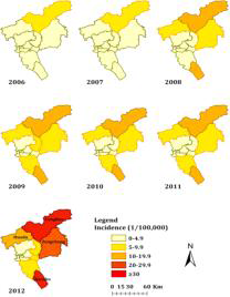 중국 광조우시의 쯔쯔가무시증 발생률 (2006–2012)