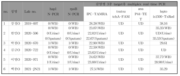 렙토스피라증 확진 검체를 이용하여 수행한 L. interrogans-specific nested PCR, 그리고 감염병 3종 target 용 multiplex real-time PCR 결과 및 Ct 값