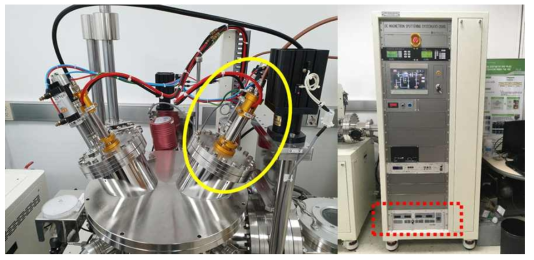 접합력 강화를 위한 ZnO 본딩층 형성을 위해 장착한 RF-gun(왼쪽 그림 노란 타원 내) 및 컨트롤러의 RF power unit(오른쪽 사진 빨간 사각형 내)