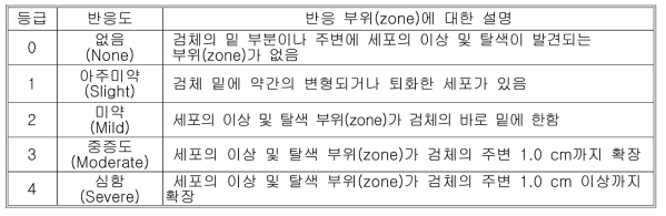 한천확산시험에 대한 반응 등급