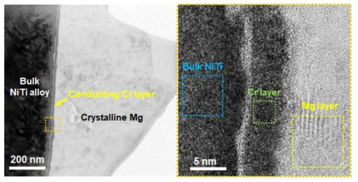 벌크 NiTi에 스퍼터링 공정으로 형성시킨 Mg anode layer로 구성된 모델 시스템의 TEM 이미지 (Park/Seo et al., Langmuir, 2019)