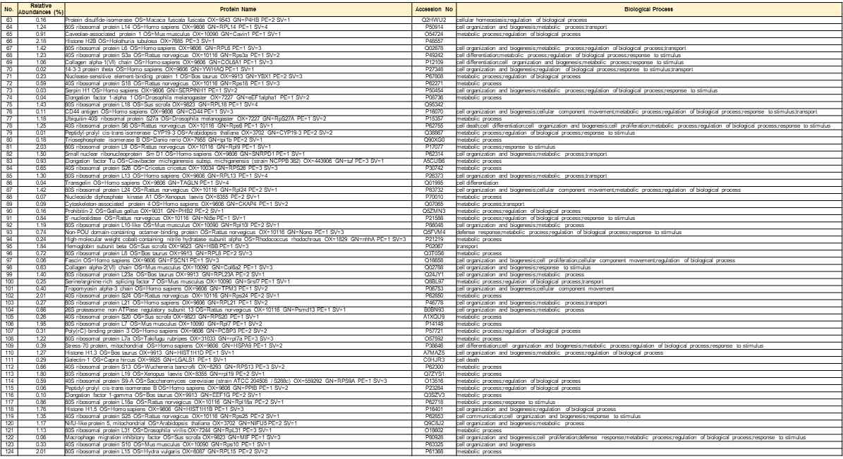 ECM components' protein-matched list in NCBI (2) (순서대로 No. / frequency / protein name / Accession no / Biological Process)