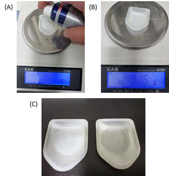 (A) 각 개체당 hydrogel과 ECM 패치(gel type)는 0.15~0.17g의 양을 treat하였다. (B) 각 개체당 EGF는 0.08 ~0.09g의 양을 treat하였다. (C) 왼쪽의 사진은 기본 hydrogel의 모습이며, 오른쪽은 hydrogel과 EGF를 섞어주어 mixture 제작한 모습