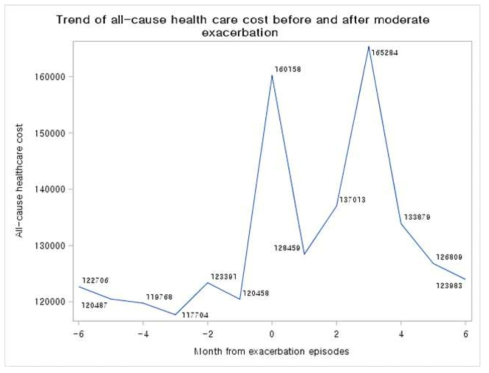중등증(moderate) 급성악화 발생 전후 6개월의 전반적인 의료비용 추세