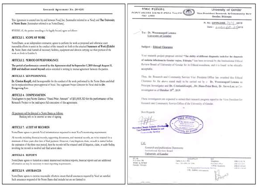 노트르담 대학과의 Research Agreement (좌) 및 에티오피아 임상시험 IRB 승인 문서 (우)