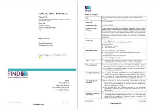 르완다 지역에 대한 FIND sponsor IRB 문서. Novel POC test for malaria diagnosis (nPOC)로 표기된 비교군이 랩온어칩을 활용한 인공지능 모바일 말라리아 진단시스템을 지칭함. 해당 IRB의 목표로서 nested PCR이나 전문가에 의한 현미경분석법과 비교하였을 때 nPOC의 말라리아 진단여부에 대한 임상적 평가를 명시하고 있음