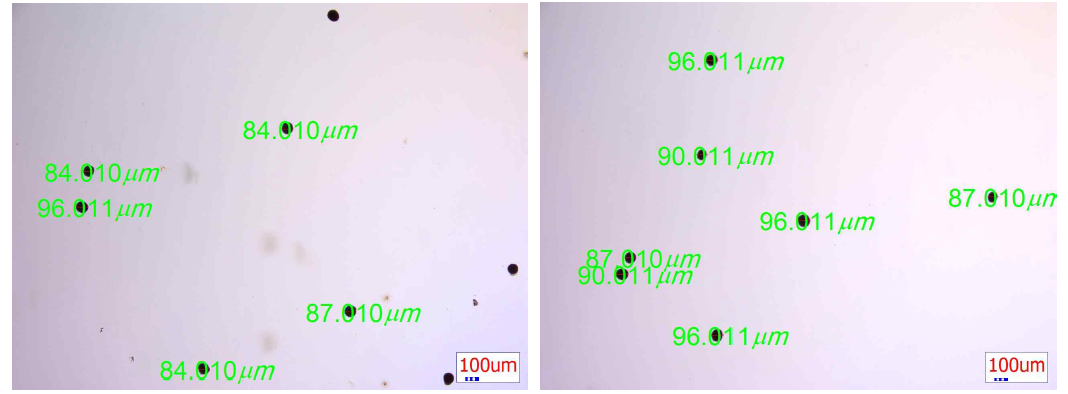 제조 조건 변경을 통해 평균 입자 크기를 조절한 Micro-CHI의 현미경 사진 (기존: 100 ~130 μm, 크기조절: 80 ~100 μm)