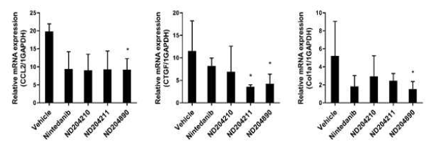 Evaluation of severity of fibrosis and quantification of fibrosis-mediator expression in ND204210, ND204211 and ND204890 treated BISF model