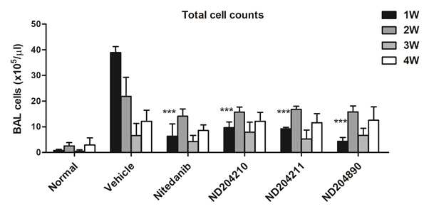 Total counts in BALF. The cell count in BALF was acquired 7, 14, 21, and 28 days post-treatment