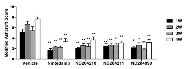 Bar graph depict Modified Ashcroft score for the severity of fibrosis, results are expressed as mean ± SEM