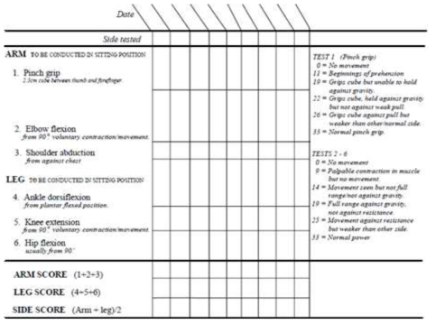 Motricity Index (표 내용 중 Leg(하지)만 평가하여 점수 산정)