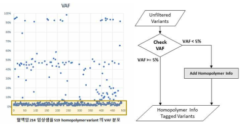 혈액암 임상검체 중 homopolymer 검체의 VAF 분포 및 cut-off 기준