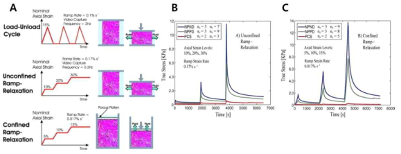(A) 압축 실험 프로토콜. (B) 압축실험에 (Unconfined compression, confined compression)에 대한 자궁 stroma의 반응