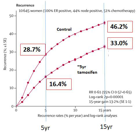 ER 양성 유방암 환자들의 재발율 (Lancet, 2011)