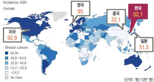 세계 유방암 연령표준화 발생률 (GLOBOCAN 2012)