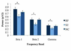 정상통제군, 양극성장애 환자군, 조현병 환자군을 대상으로 측정한 주파수별 뇌파